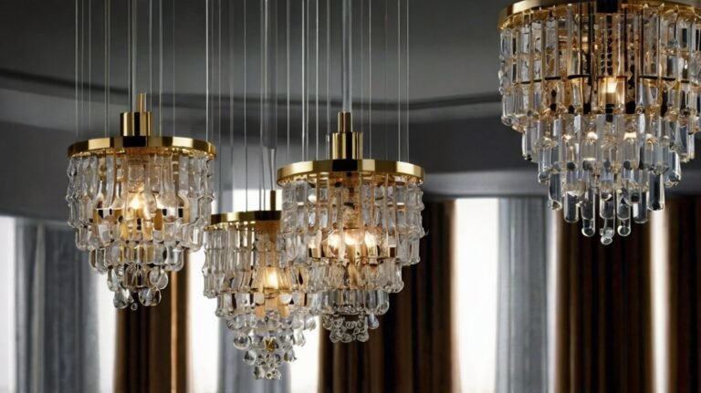 A stunning display of three handcrafted glass chandelier parts, featuring intricate designs with shimmering crystals and golden accents. The chandeliers hang elegantly from thin cables, radiating soft light and casting reflections on the surroundings. The unique shapes and textures of the glass create a beautiful contrast against the backdrop, showcasing the artistry of glassblowing in a modern interior setting.