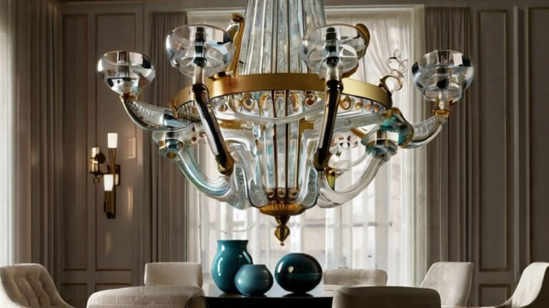 A stunning glass chandelier featuring intricate curved arms and large crystal-like bulbs, reflecting light beautifully in a bright room adorned with modern seating and decorative vases.