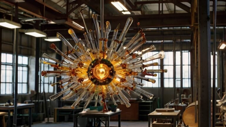 A stunning, handcrafted glass chandelier in a workshop, featuring elongated glass arms radiating outward and a central glowing bulb, showcasing intricate details and warm amber accents that highlight the artisan's touch in every unique piece.